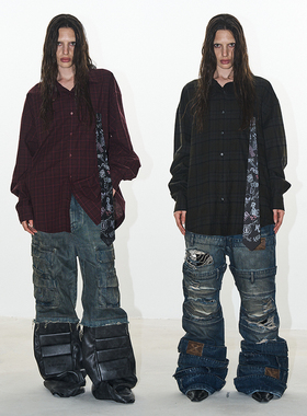 EXITMODE BY BLINDNOPLAN 24AW 可拆卸涂鸦领带格纹长袖衬衫秋季