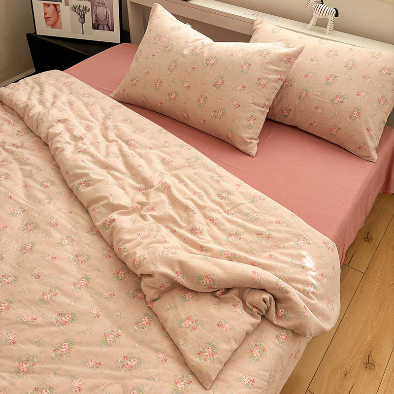 上新!双层纱木槿花A类全棉四件套被套小碎花清新学生宿舍床三件套