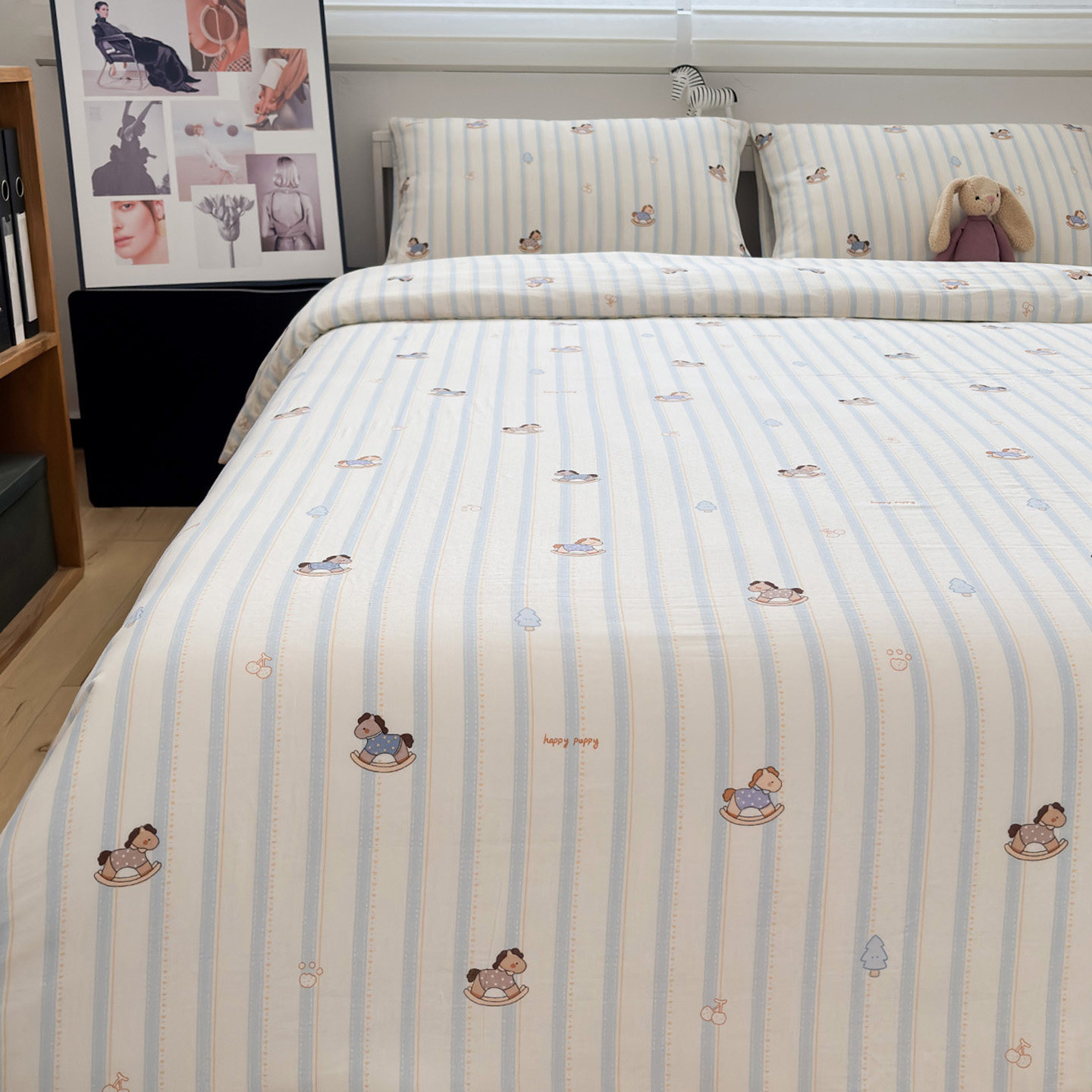 A类双层纱小木马卡通条纹纯棉四件套1.5/1.8m全棉学生宿舍床3件套