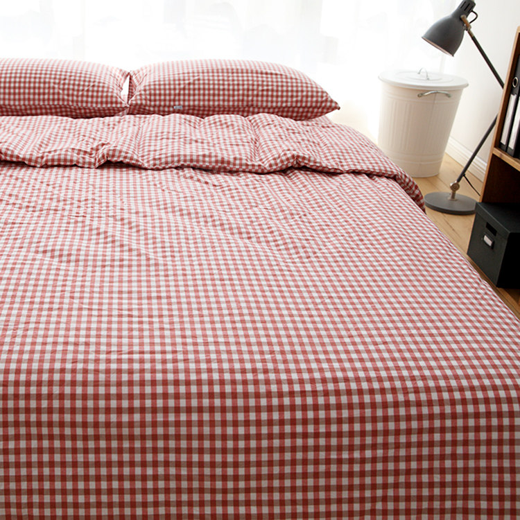 唐朝一只鱼全棉米红格子床单被套