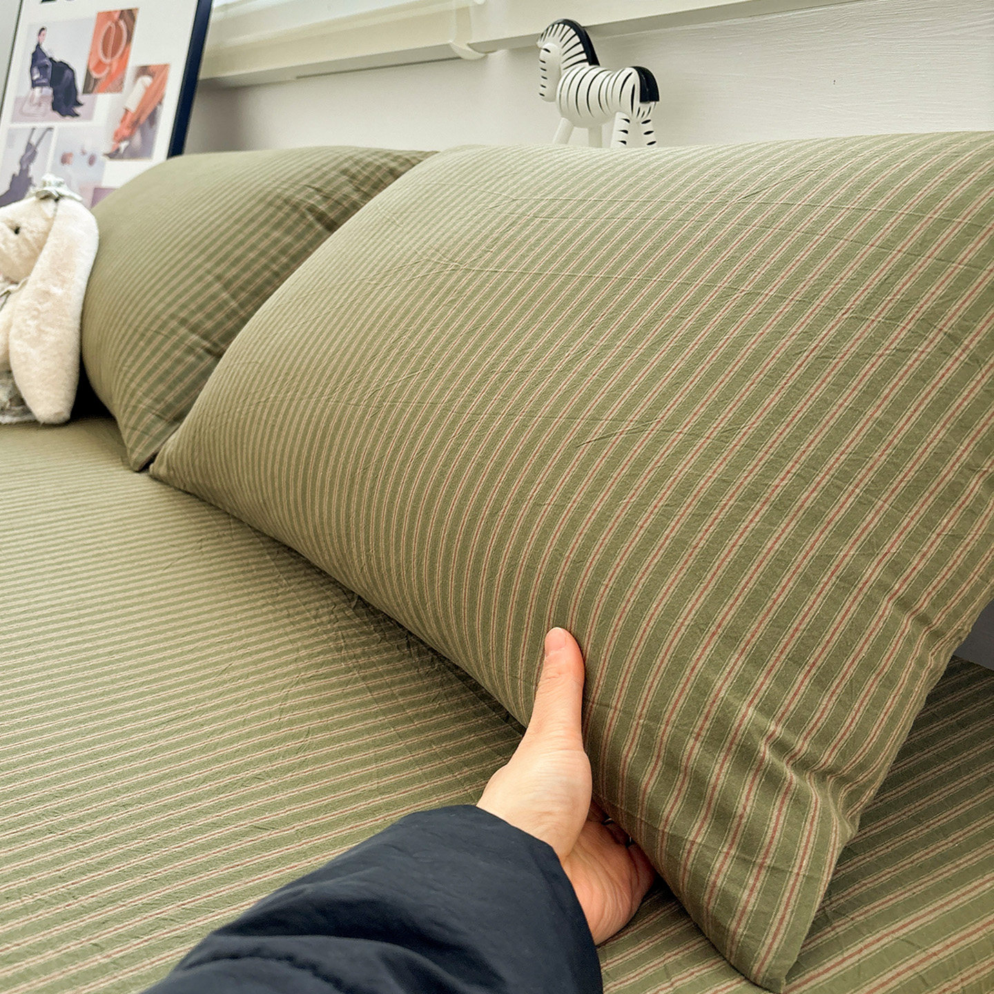 梦露绿水洗棉全棉枕套一对装单个48x74宿舍简约条纹纯棉枕头套