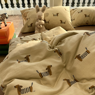 A类咖色超柔软双层纱修修狗纯棉四件套1.5m 1.8米床床单被套3件套