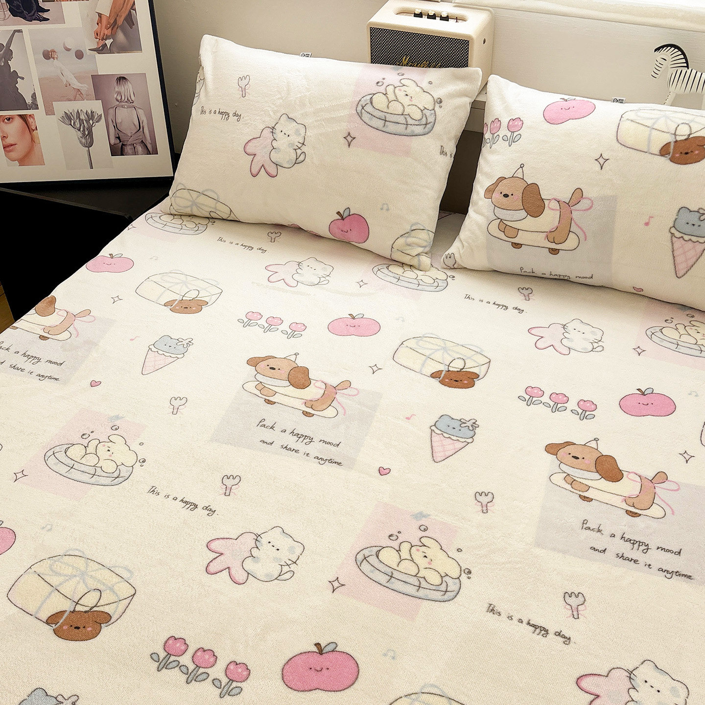 唐朝一只鱼牛奶绒滑板狗床单