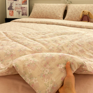 双层纱桃夭夭A类母婴级纯棉四件套1.5m1.8米碎花全棉单人床三件套