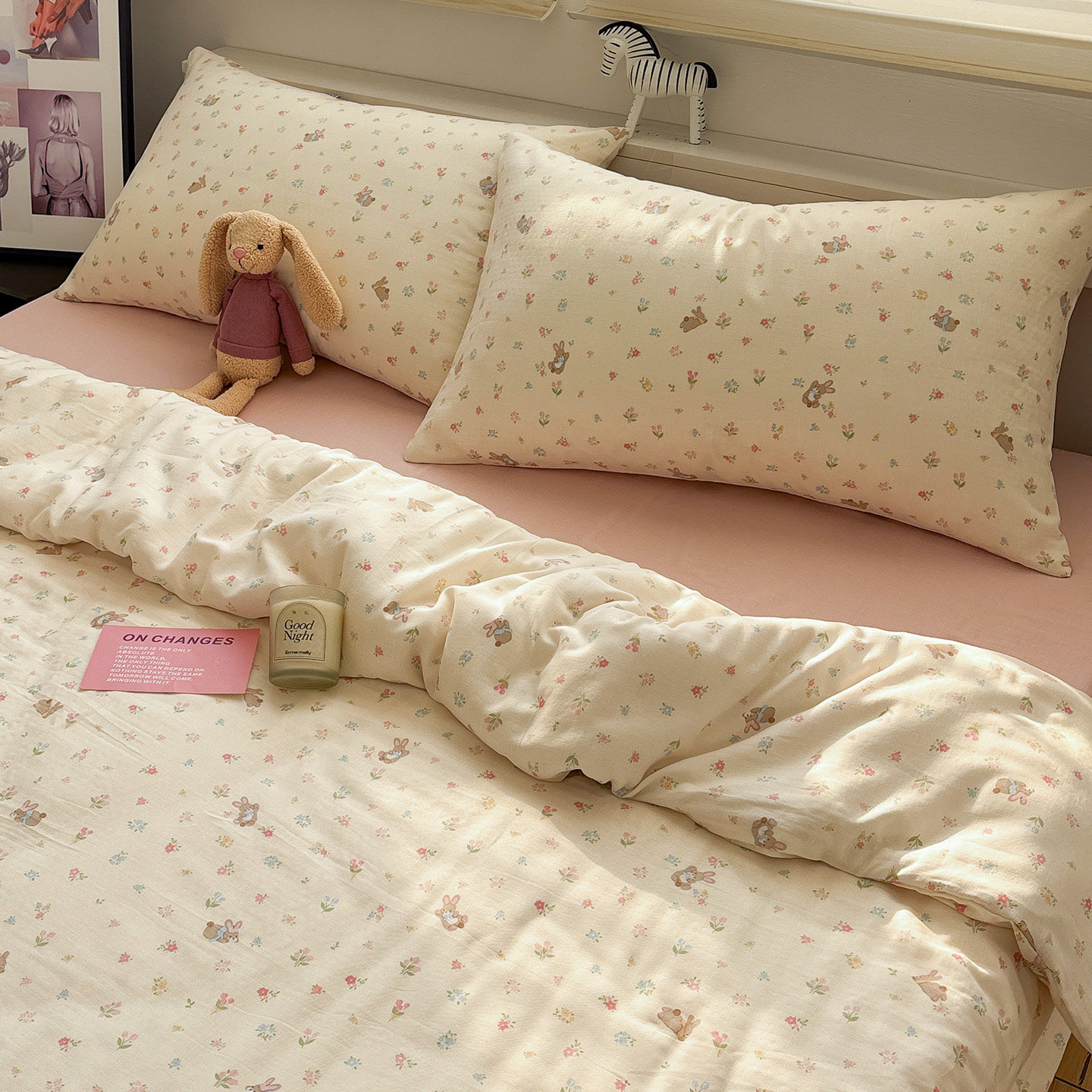 小兔花笺A类双层纱全棉四件套1.5m1.8米超柔软可爱纯棉被罩三件套,床上用品,床品套件/四件套/多件套,淘宝优惠券,粉丝福利购,淘宝优惠卷