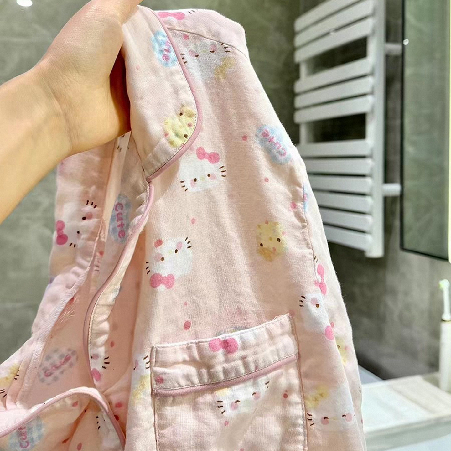 粉粉猫双层纱全棉翻领睡衣短袖长袖女春夏薄款纯棉大码家居服套装