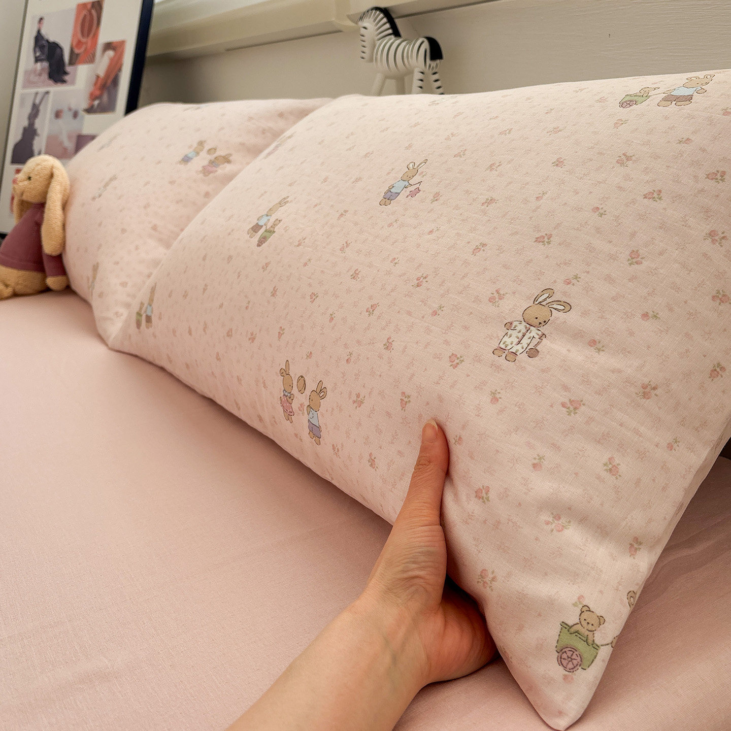 茶花小兔双层纱全棉卡通儿童小枕套单只装女48&times;74宿舍纯棉枕头套