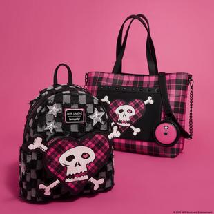 代购 Lavigne艾薇儿骷髅爱心黑粉格纹双肩包 Loungefly背包Avril