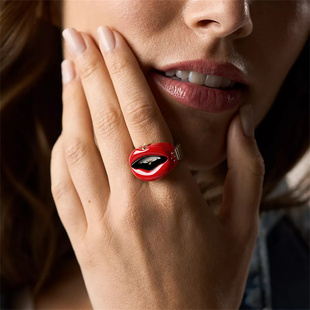 美国代购Fossil化石戒指表双针红唇外形金色不锈钢表带时尚女手表