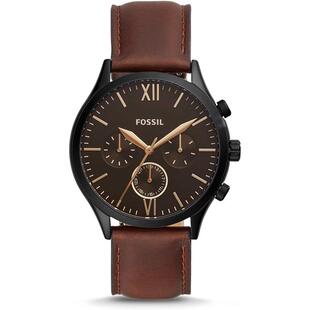 代购 腕表计时夜光日期多时区皮带棕色金属防水 Fossil化石男士