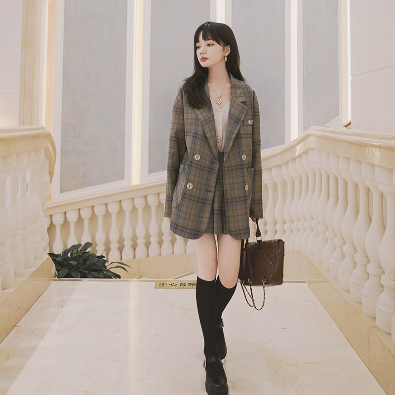 谷七七GUQIQI韩版格纹小西装百褶裙2024秋季新款时尚拼接西装,女装职业装,浙宝199