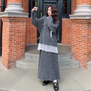设计感蕾丝拼接针织上衣半裙套装女2025秋斜肩温柔甜妹好看两件套图片