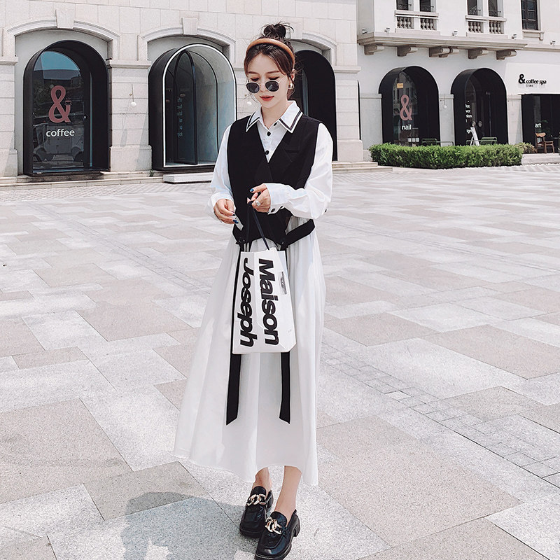 白色连衣裙女夏新款气质显瘦法式设计感小众马甲a字衬衫裙,女装连衣裙,浙宝199