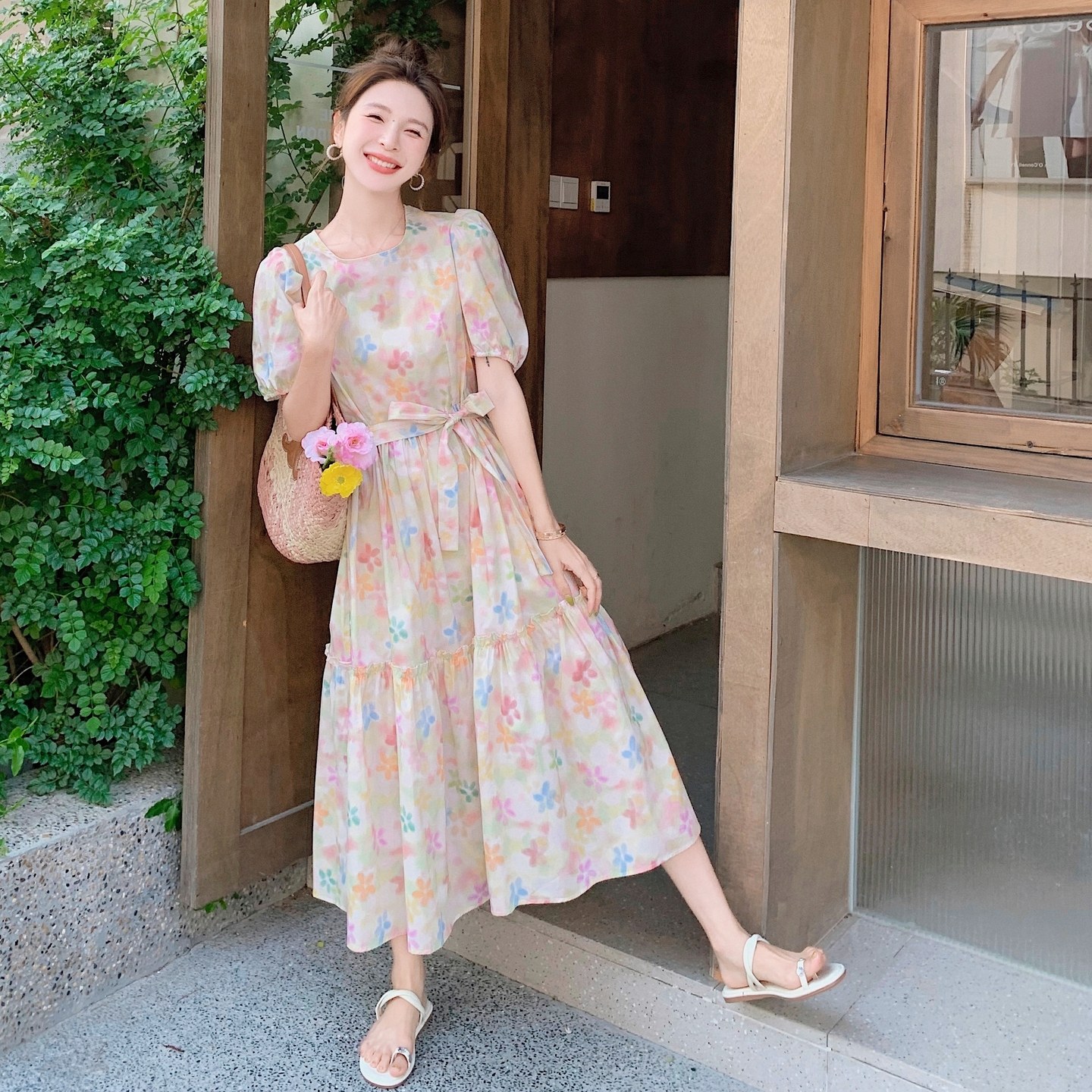 法式浪漫泡泡袖碎花连衣裙女2025夏季新款海边度假风绝美收腰裙子,女装连衣裙,浙宝199
