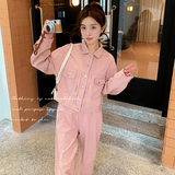 粉色牛仔工装时尚套装女春季2024新款奶fufu甜美短外套长裤两件套，女装套装/套裙，浙宝199