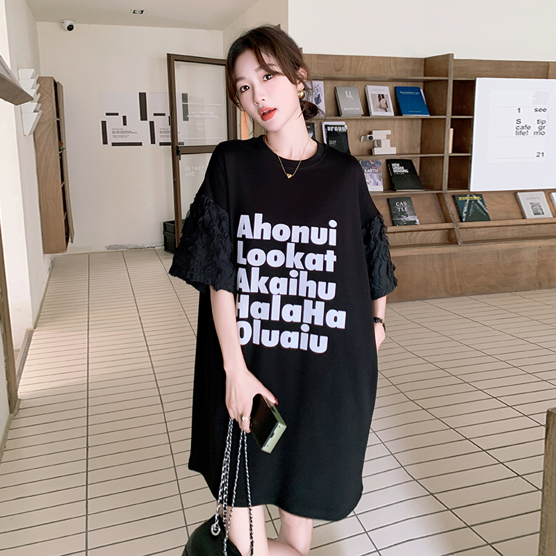 炸街拼接黑色连衣裙女夏2024新款宽松大码遮肚显瘦小个子t恤裙，女装连衣裙，浙宝199