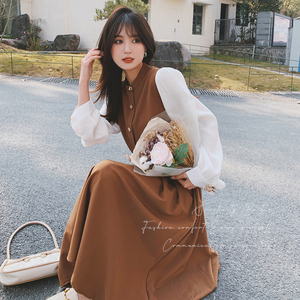韩系复古泡泡袖连衣裙女2025年春秋季新款法式修身显瘦茶歇长裙子图片