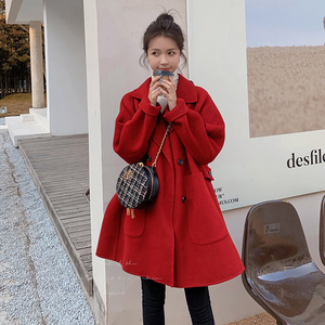 红色韩版洋气宽松毛呢外套女冬中长款小个子2024新款时尚呢子大衣,女装毛呢外套,浙宝199