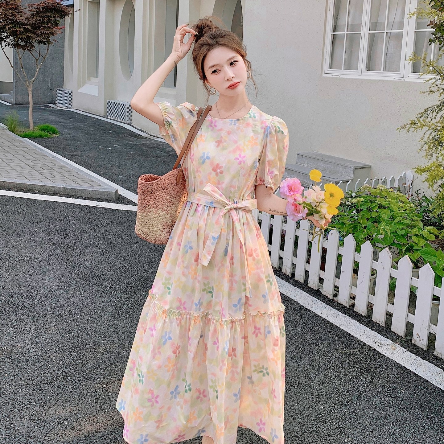 法式浪漫泡泡袖碎花连衣裙女2025夏季新款海边度假风绝美收腰裙子,女装连衣裙,浙宝199