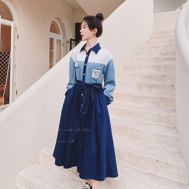 法式拼色蓝色长袖连衣裙女2025早春新款衬衫裙不规则桔梗a字长裙,女装连衣裙,浙宝199