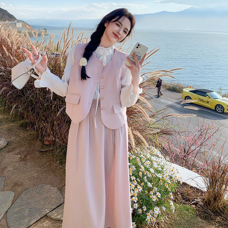 粉色甜美减龄套装裙女春季2025年新款法式温柔风马甲半身裙三件套,女装套装/套裙,浙宝199