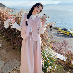 粉色甜美减龄套装裙女春季2025年新款法式温柔风马甲半身裙三件套图片