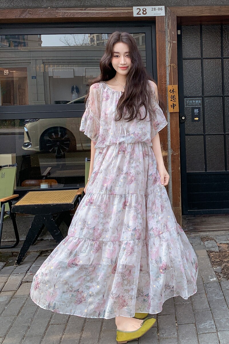 浪漫减龄露肩荷叶袖碎花连衣裙女2025夏季仙气飘飘高级感日系长裙,女装连衣裙,浙宝199