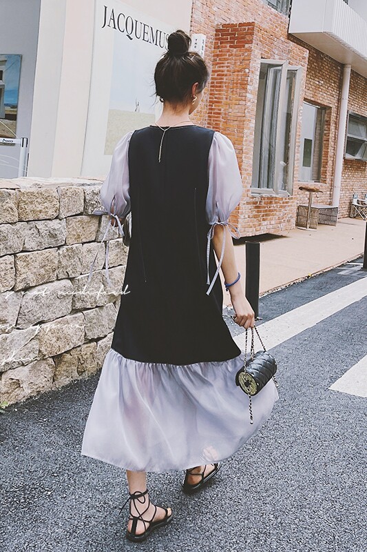 MJ孕妇装夏季圆领黑白撞色拼接短袖宽松A版连衣裙,女装连衣裙,浙宝199