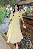 多巴胺黄色泡泡袖挂脖连衣裙女夏慵懒风松弛独特绝美度假露肩长裙，商品下架区，浙宝199
