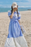 设计感小众不规则蓝色宽松衬衫长裙春秋新款温柔甜美连衣裙，女装连衣裙，浙宝199