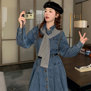 复古小个子牛仔连衣裙女2025春新款韩版收腰显瘦学院风减龄百褶裙图片