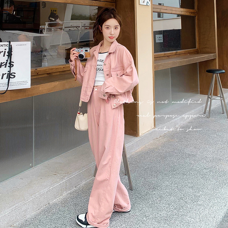 粉色牛仔工装时尚套装女春季2024新款奶fufu甜美短外套长裤两件套,女装套装/套裙,浙宝199