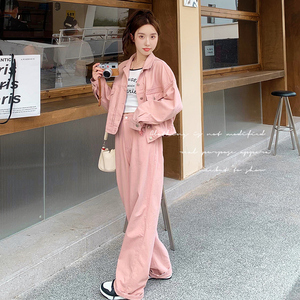 粉色牛仔工装时尚套装女春季2024新款奶fufu甜美短外套长裤两件套图片