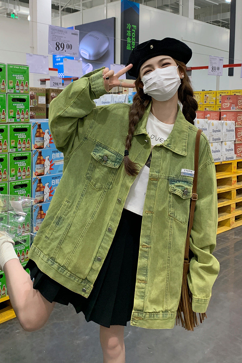 美式复古港风chic绿色牛仔外套女春秋小个子宽松休闲短款夹克上衣,女装短外套,浙宝199