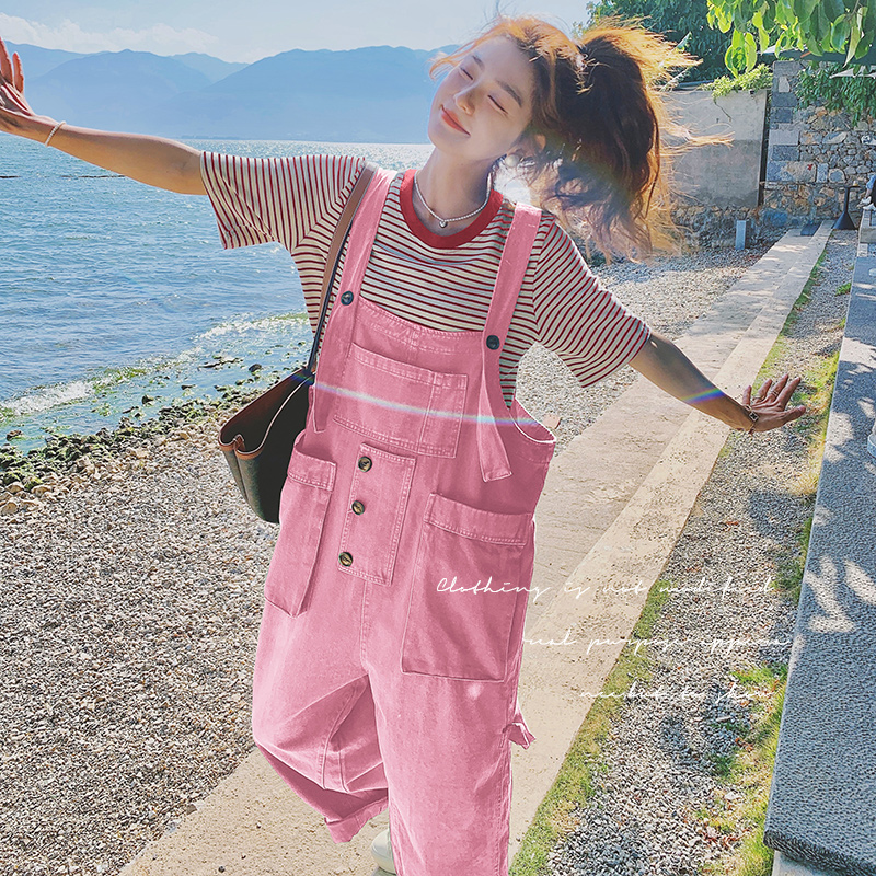 粉色牛仔背带裤女2025春秋夏新款韩版宽松奶fufu高腰小个子阔腿裤，女装休闲裤，浙宝199