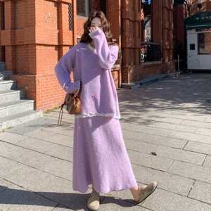 紫色印花蕾丝拼接毛衣针织衫半身裙两件套女秋冬2025新款甜美套装
