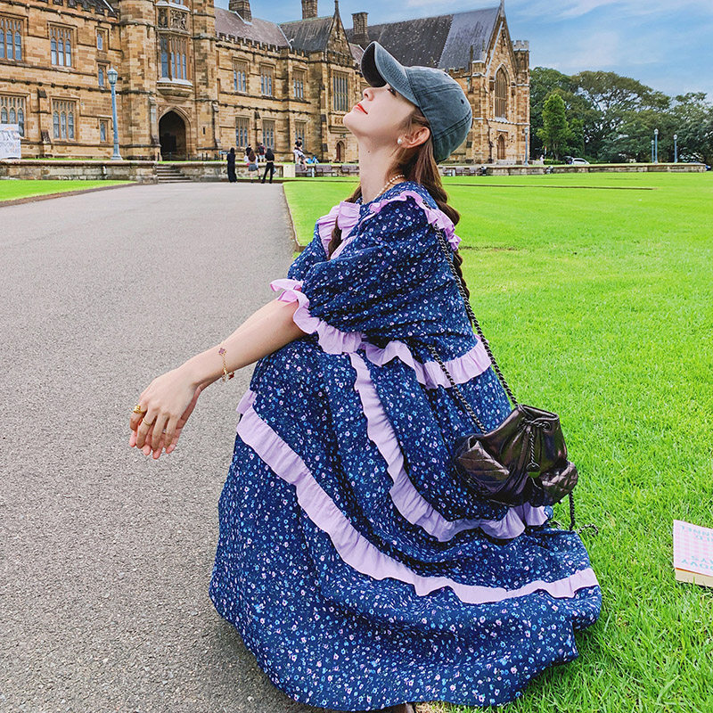 A字裙常规长裙夏季印花连衣裙收腰裙子甜美时尚长款碎花显瘦气质,女装连衣裙,浙宝199