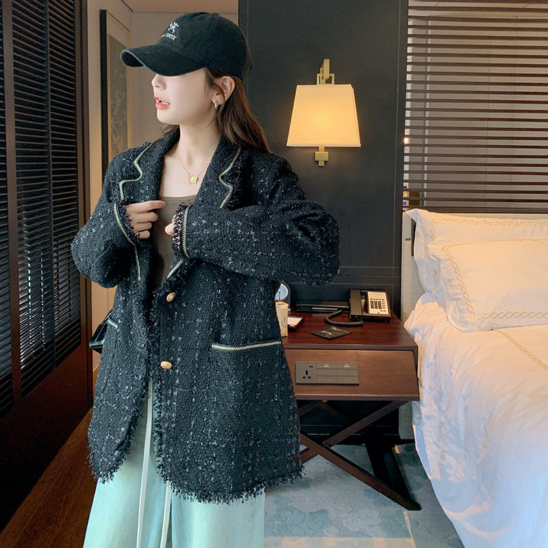 韩系小香风短外套女2025早春新款流苏粗花呢轻奢高级感宽松西装,女装短外套,浙宝199