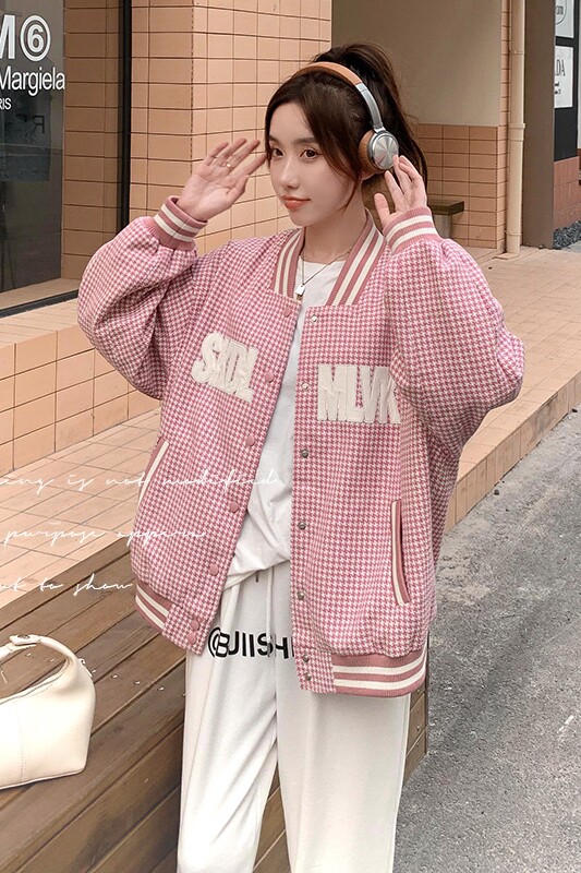 设计感粉色棒球服短外套女2025春秋季新款学院风甜美减龄夹克上衣,女装短外套,浙宝199