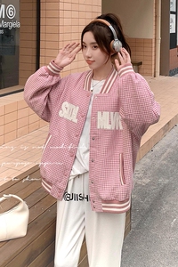 设计感粉色棒球服短外套女2025春秋季新款学院风甜美减龄夹克上衣图片
