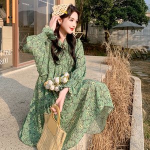 法式印花长袖连衣裙女2024春夏新款小个子立领系带宽松a字碎花裙图片