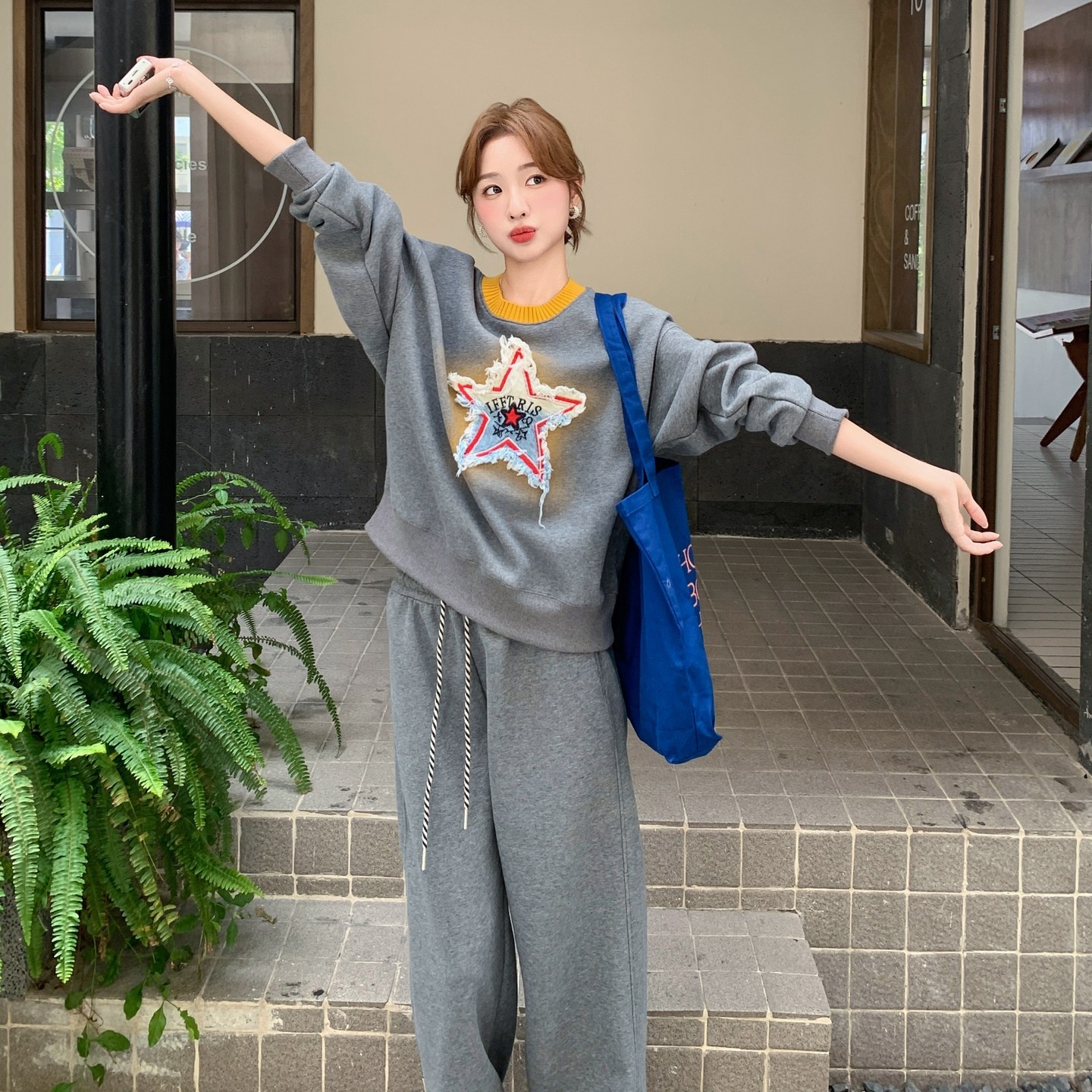 星星晕染圆领卫衣两件套女2025秋季高级感高腰抽绳阔腿裤淡人套装,女装套装/套裙,浙宝199