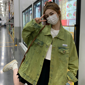 美式复古港风chic绿色牛仔外套女春秋小个子宽松休闲短款夹克上衣图片