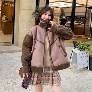 皮毛一体羊羔毛外套女2024冬季新款小个子宽松百搭加厚保暖机车服图片