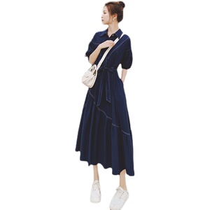 藏青色连衣裙女夏季2024新款显瘦气质收腰温柔风漂亮法式茶歇裙子图片