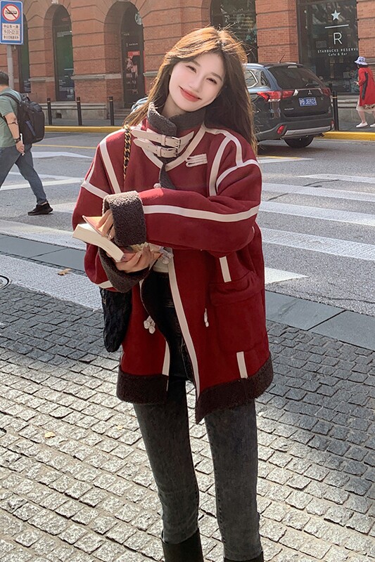 红色羊羔毛皮毛一体外套女冬季2024新款立领韩系短款加厚显瘦棉衣,女装短外套,浙宝199