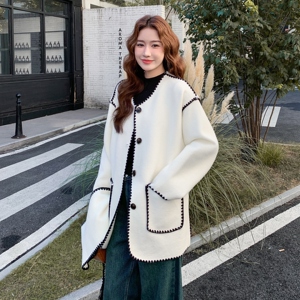 韩系撞色毛呢外套女2025秋季新款小众独特设计感气质宽松百搭开衫图片