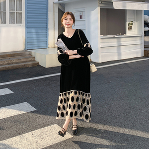 黑色丝绒拼接钉珠连衣裙女2025春季新款法式高级感宽松显瘦长裙潮图片