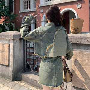 甜酷复古牛仔套装裙女春秋2025新款小个子设计感外套搭短裙两件套图片