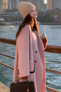 粉色加厚毛呢外套女2023冬季新款韩系设计感撞色拼接小香风呢大衣图片